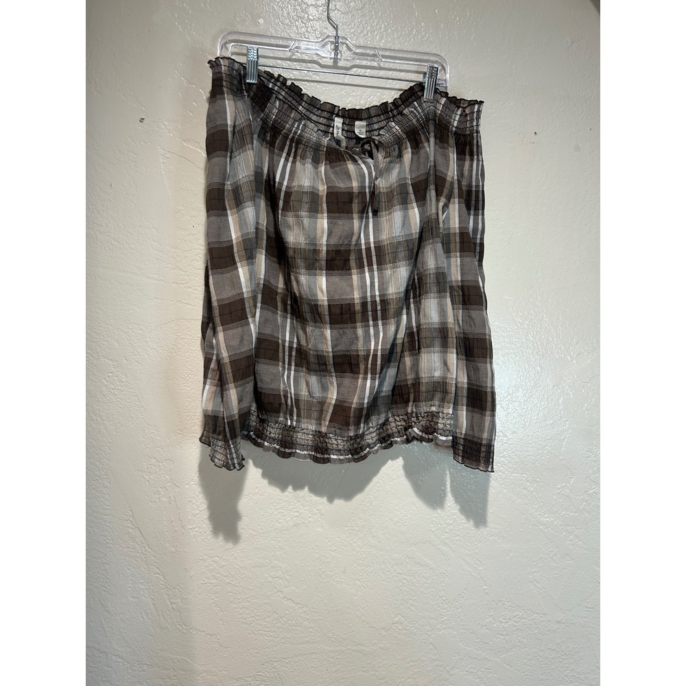 St Johns Bay Womens 1X‎ Brown Plaid Off Shoulder Smocked Blouse Long Sleeve Top